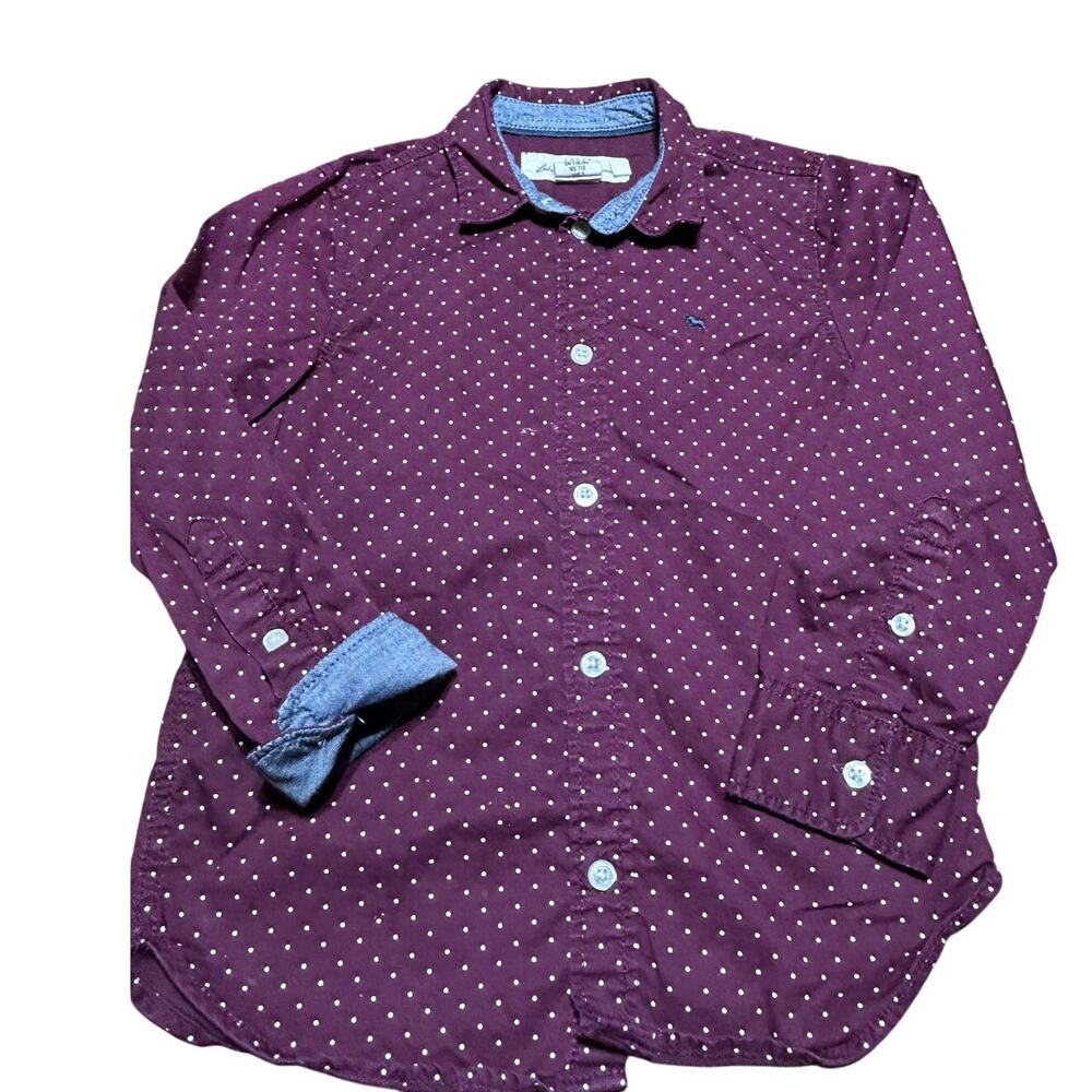 LOGG H&M Boys sz 4-5 burgundy button down shirt with white polka dots